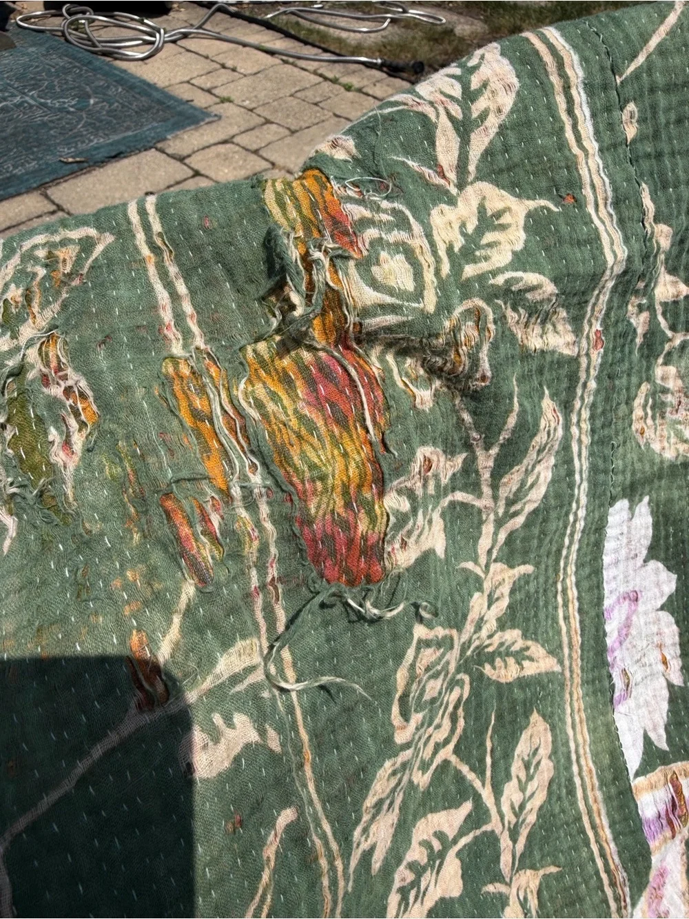Green Floral Kantha Throw with Pink & Cream Accents